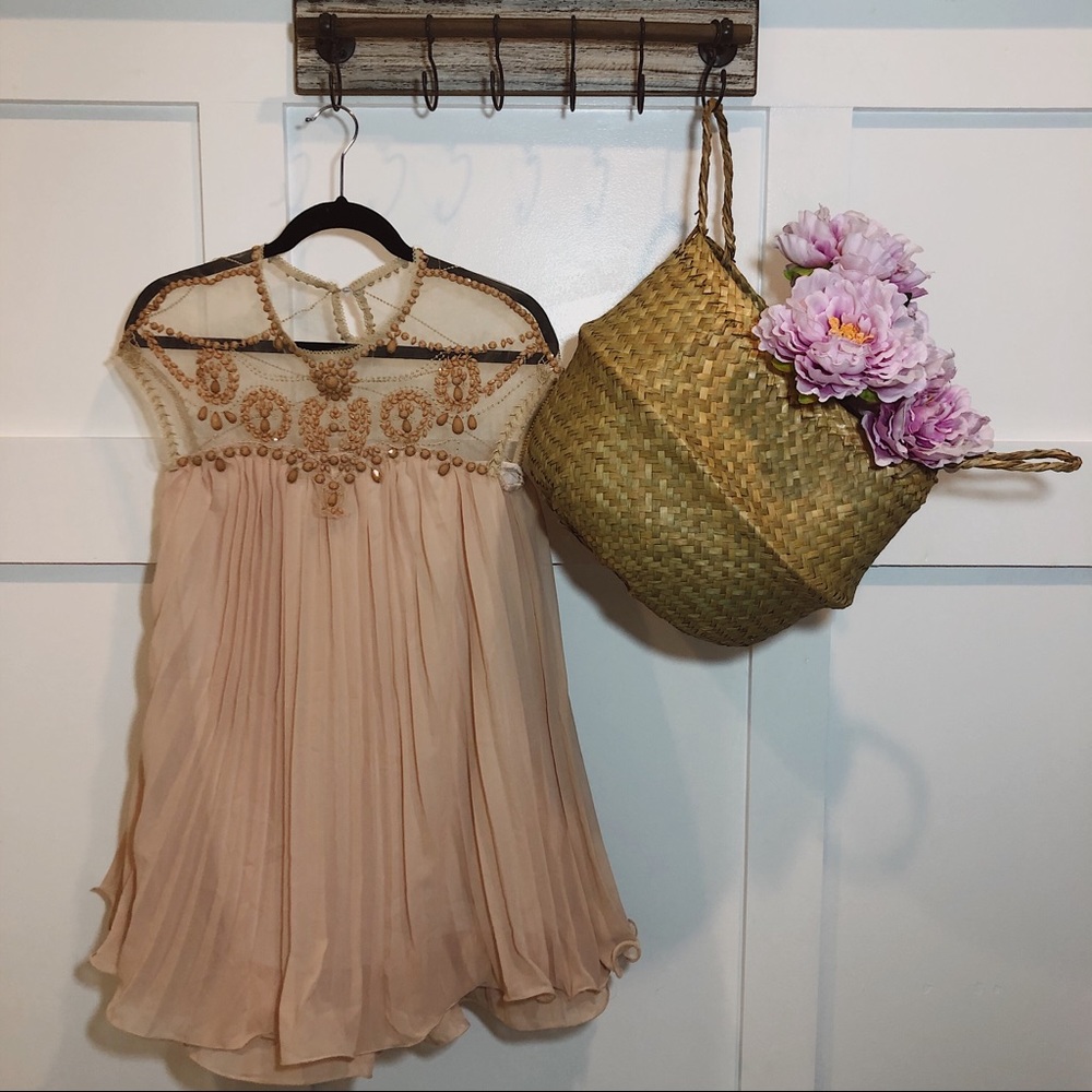 Blush Pink Bead Embellished Pleated Dress